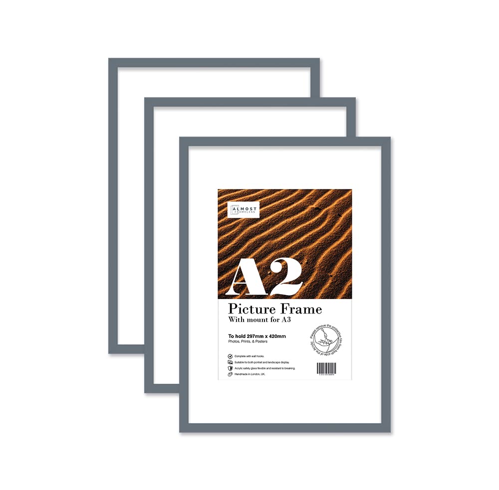 Almost Frameless A2 Grey Picture Frame Set of 3, Display A3 Pictures with Mount or A5 Without Mount Gallery Wall, Poster, Photo, Artwork, or Print, Grey
