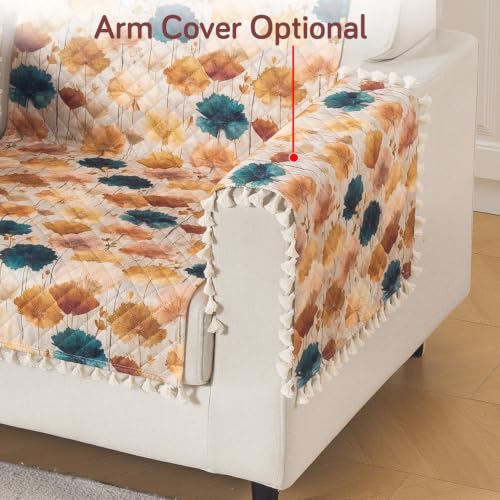Image of HOKIPO Boho Wildflower Quilted Sofa Cover with Tassels 1 Seater for Seat & Back, (152x60 cm), 'Tassel Twigs' Series (IN-989-T11)