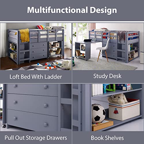 Naomi Home Twin Size Loft Bed With Desk Low Study Kids Twin Loft Bed With Storage Pine Wood Loft Bed Twin For Kids Twin Loft Bed With Cabinet Ladder, Safety Guard Rails, Bookcase Shelf, Grey #TOP2