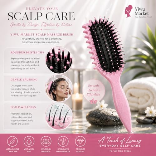 Image of Curly Curved Vented Hair Brush for Women & Men | Hollow Airflow Comb | Flexible Detangling Bristles with Comfortable Grip Handle | Blow-Dry Support & Scalp Massage Brush - Pink