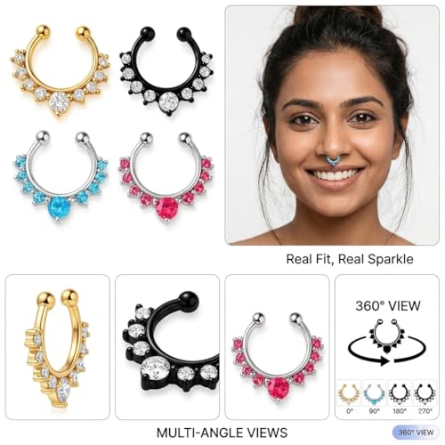 Image of RUVEE Nose & Ear Clip Titanium Plated Pin Non Pierced Just Press for Women & Girls Septum Ring