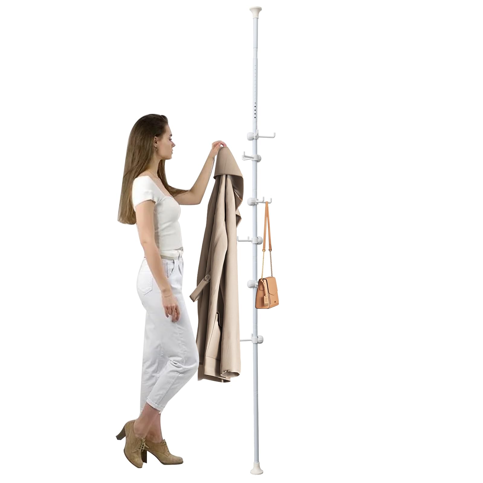 Coat Rack Freestanding, One Touch Steel Coat Rack Adjustable 6 Hooks Coat Rack Stand DIY Floor to Ceiling Tension Rod Storage Organizer for Living Room, Bed Room, Home Office, White