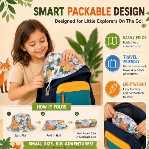Image of VRITRAZ Unisex Kids Printed Bucket Hat | UV Protection Sun Hat with Adjustable Chin Strap & Summer Beach Travel Outdoor Cap for Toddlers & Children (4-12 Years)
