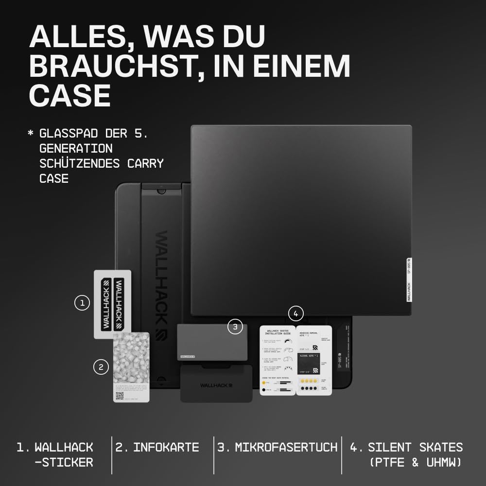 Wallhack SP-005 Glas Gaming Mauspad – Speed Surface für Esports, großes Mauspad ultra-gleitfähiges Low-Friction Tracking, gehärtetes Glas, flaches ergonomisches Profil inkl. Carry Case |Skypad Schwarz