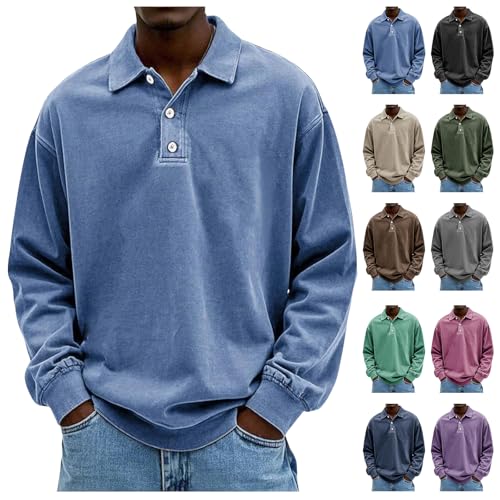 Mens Polo Long Sleeve Shirt Distressed Button Basic Solid Color Polo Shirt Classic Loose Casual Collared Shirts T-Shirt4