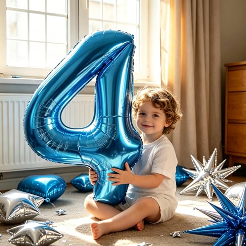 Image of TONIFUL 4th Birthday Balloons Kit 40 Inch Blue Large Number 4 Foil Balloon