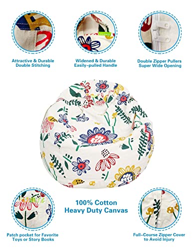 Great Eagle 52X48 Inches Extra Large 100% Cotton Canvas Kids Stuffed Animals Storage Bean Bag Chair Cover Only For Toddlers,Kids,Teens And Adults(White/Sun Flower) #TOP3