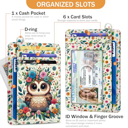 Image of Yonlevres Owl Credit Card Holder Slim RFID Wallet Women Wristlet Lanyard | Front Pocket, Handy, RFID Blocking, Woman Girls Ladies Gifts, D-ring for Keychain,Thin Mini Card Case, ID Window, PU Leather