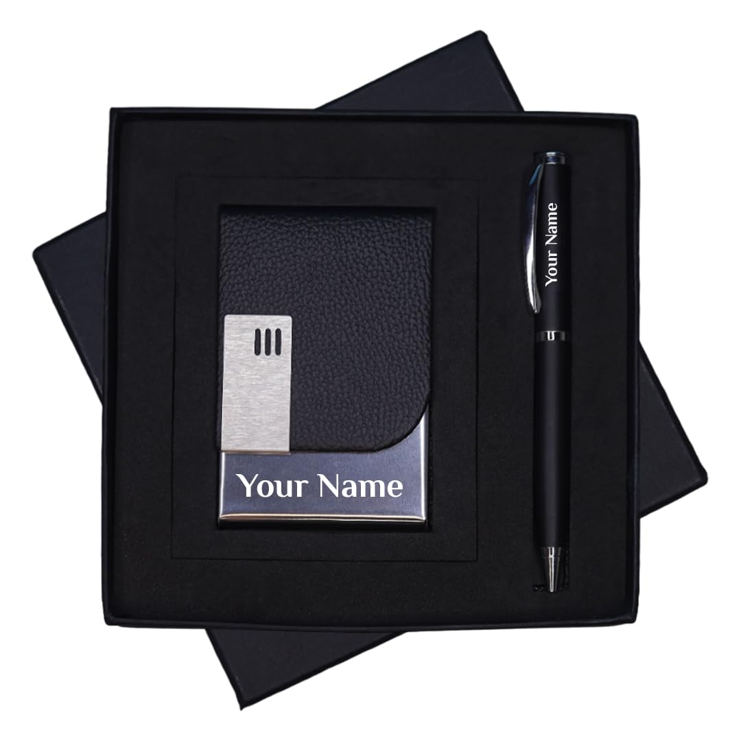 2 in 1 Personalized Card Holder with Pen Gift Set for Men and Women Personalised Pen with Black Leather Steel Business Card Holders, Secret Santa Gifts, Corporate Gift Set for Employee-image-23