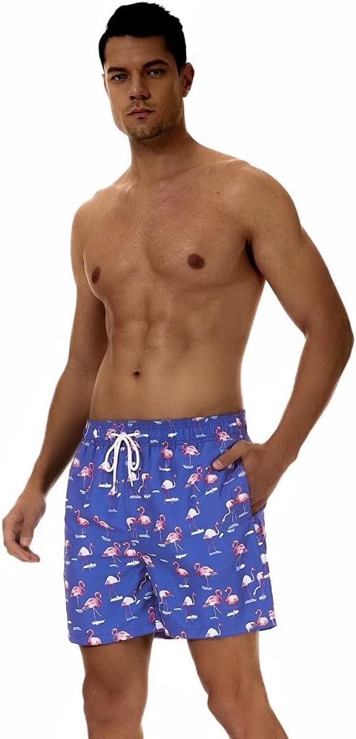 SILKWORLD Men's Swim Shorts Quick Dry Bathing Suit with Mesh Lining,Blue Flamingo(P1),Small