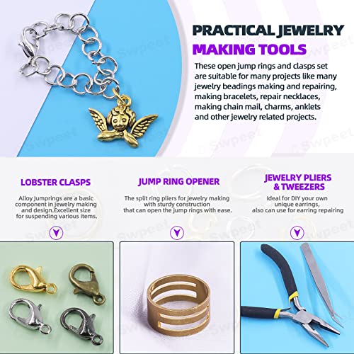 Swpeet 1414Pcs 4Mm 5Mm 6Mm 8Mm 10Mm Open Jump Rings And Lobster Clasps With Jewelry Repair Tools Assortment Kit, Including Waxed Necklace Cords, 12Mm Lobster Clasps, Tibetan Silver Pendant #TOP3