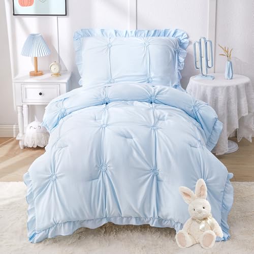 Image of Princess Toddler Bedding Set for Girls, 4 Piece Ruffles Jacquard Embroidery Toddler Bed Sheets with Boho Toddler Comforter, Fitted Sheet, Flat Sheet and Pillowcase, Blue