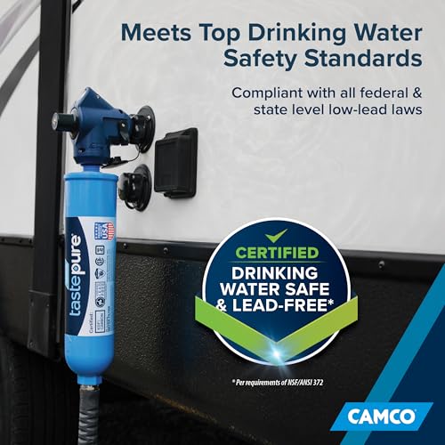 Image of Camco Tastepure 4-in-1 Adjustable RV Water Pressure Regulator - Combines a 90 RV Hose Elbow Design, Pressure Gauge, Adjustable Regulator, & Shut-Off Valve in One RV Accessory (40065)