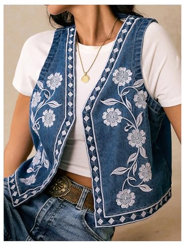 Women's Floral Embroidered Denim Vest Open Front Vintage Western Vest Sleeveless Jean Jacket Waistcoat3