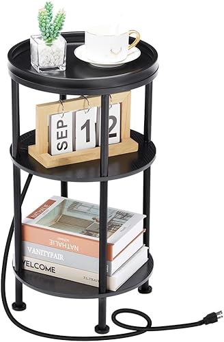 Mesa auxiliar redonda pequeña con estación de carga para espacios pequeños, mesa decorativa de 3 niveles con puertos USB y tomas de corriente, mesa