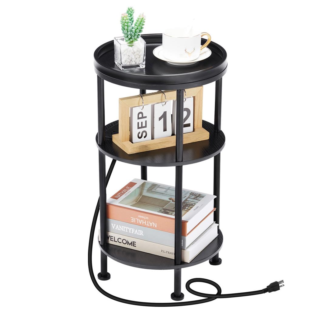 Small Round End Table with Charging Station for Small Space, 3 Tier Round Side Table Couch Beside Table with USB Ports & Power Outlets,Sofa Side Table for Living Room Bedroom