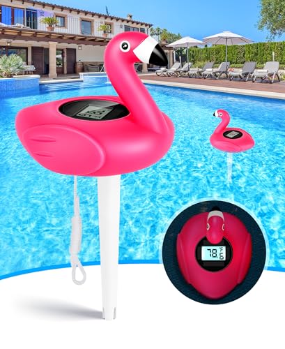 PoolLeader 2026 Flamingo Pool Thermometer Solar-Powered | Auto Backlight for Easy Night Read | Pool Temperature Thermometer with Rope | Floating Pools Temperature Gauge for Hot tub- All Round Year Use
