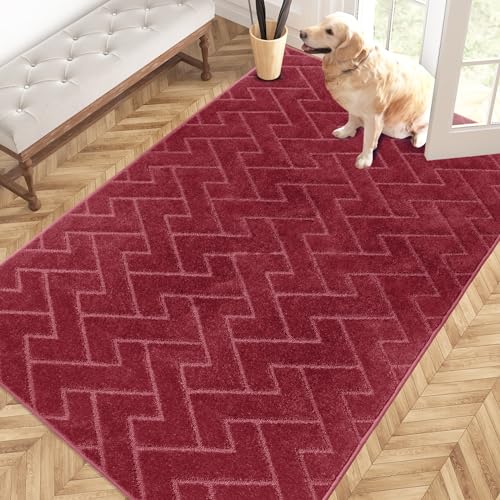 PURRUGS Easy Care Area Rug 4ft x 6ft, Non-Slip Machine Washable Entry Rug, Dog Door Mat, Stain Resistant Accent Rug for Hallway, Bedroom, Living Room and Mudroom, Cherry Red