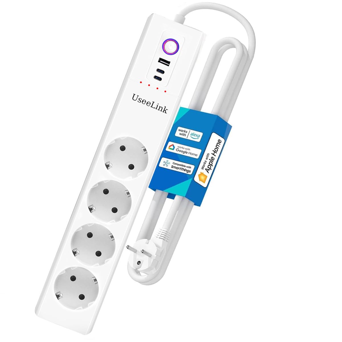 UseeLink Zigbee protezione da sovratensione ciabatta 10A 4 prese CA interruttori individuali 2 protezione da sovraccarico timer USB nessun hub richiesto Certificato CE Bianco
