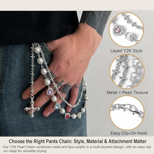 Image of Y2K Pearl Pants Chain Streetwear Jewelry- Unisex Layered Wallet Chain with Heart Cross Pendant, Punk Aesthetic Jeans Keychain Accessory for Men Women