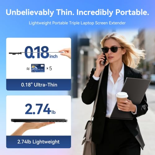 Image of Laptop Screen Extender 15.3 inch Triple - One Cable Connection Portable Monitor Ultra-Light & Ultra-Slim 2.74lbs 1200P FHD IPS Extra Screen for 13 inch-17.3 inch Laptops Compatible with Wins /Mac /Android /Chrome