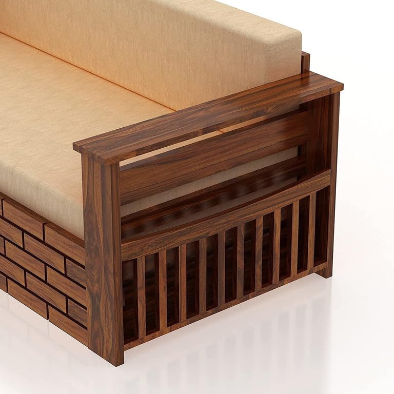 Image of Solid Sheesham Wood Sofa Cum Bed 3 Seater | Wooden Foldable Double Bed for Living Room with Headboard & Storage | Bed Cum Sofa with Mattress for Bedroom Furniture (Honey Finish)