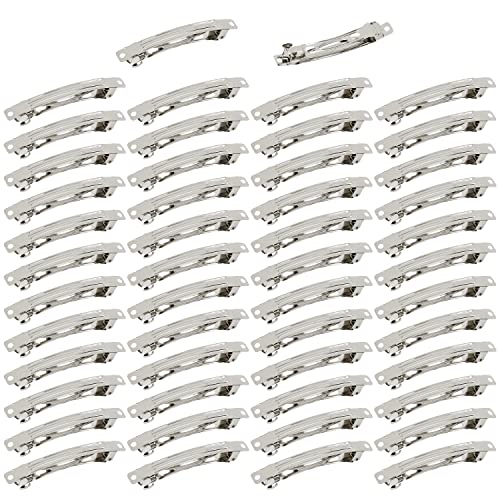 Cinaci 50 Pack 8cm/3 Inch Silver Blank DIY Metal French Barrettes Crafts Plain Base Snap Hair Clips for Bow Making Rectangle Hair Pin Clasps Ponytail Holder Accessories Bulk for Women Girls Thick Hair