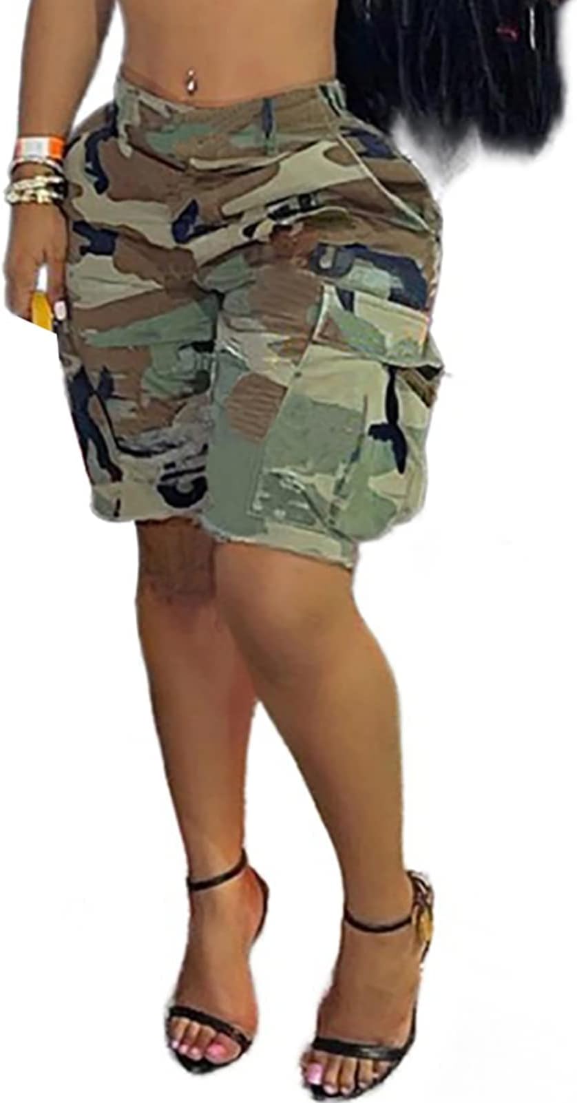 Women Camo Shorts Wide Leg Camouflage Cargo Long Shorts Army Fatigue Plus Size Y2k Bermuda Jorts with Pockets