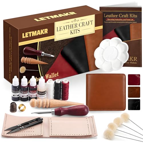Leather Working Tools-Leather Crafting Kit with Paint Set and Cowhide-Mens Wallet DIY Kit-Birthday Gift for Men Dad Boyfriend Husband-Art and Crafts for Adults-Hobbies for Women and Men