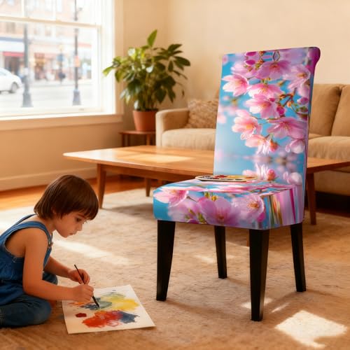 Image of Nuxovilar 4PCS Pink Cherry Blossom Print Milk Silk Seat Covers | Stretch Slipcover Furniture Protector Blossom Wrap Seat Guard Dining Room Spring Brunch Indoor (Cherry Blossom)