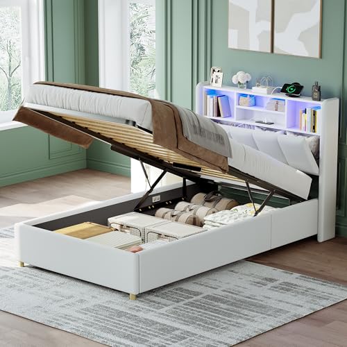 Besbed Single Ottoman Bed 3ft Upholstered Bed with Hydraulic and Headboard Storage Wooden Slats Frame with LED-Lighting & Charging-Station PU Fabric White 90x190 cm (No Mattress)