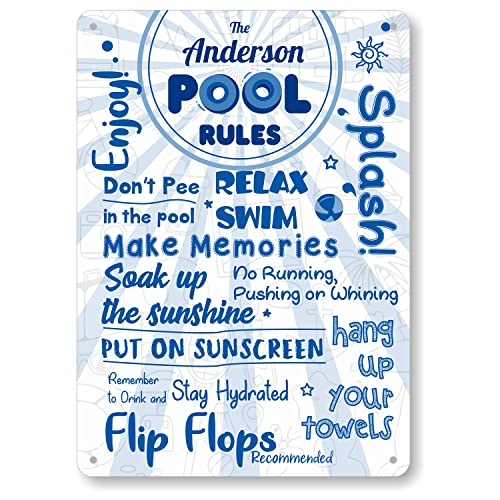 SmartSign 14 x 10 inch “Add Text Or Family Name” Custom Pool Rules Metal Sign, Screen Printed, 40 mil Rustproof Aluminum with Clear Overcoat, Blue, Grey and White, Made in USA