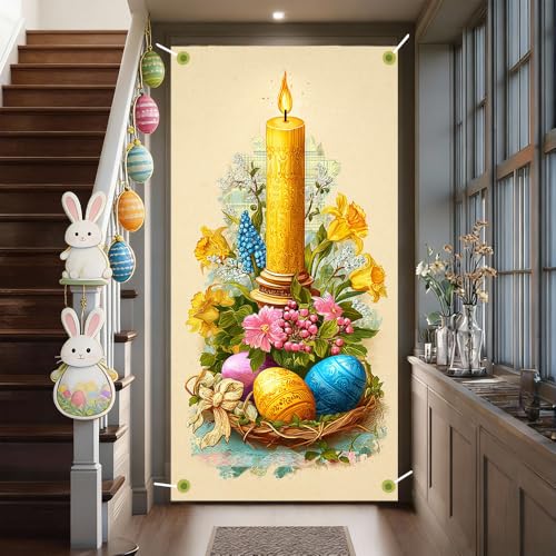 Image of Religious Easter Door Cover Candle and Eggs Banner Vintage Jesus Easter Door Decorations Home Party Outdoor Decor 35.4x71 Inch