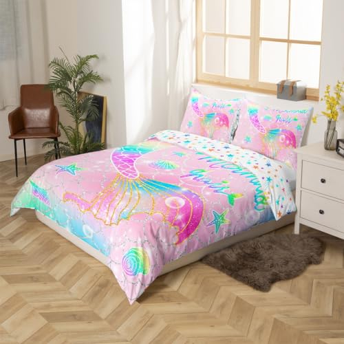 Loussiesd Mermaid Bedding Set Single for Kids Girls Rainbow Pink Mermaid Tail Printed Bedding Cute Reversible Stars Duvet Cover Set Mermaid Fish Scale Decor - Image 2