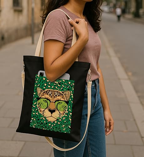 Image of ZORI Black Sling Tote Bag With Pocket and with Beige Straps, Tote Bags For Women large capacity,Tote bag For Shopping, College, Travel, More Canvas Handbag For Unisex