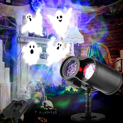 Moukeren Halloween Projector Lights Outdoor 2-in-1 Rotating Patterns Projector Ocean Wave and Pattern Halloween LED Projection with Remote Control for House Yard Garden Landscape Lights(Ghost)