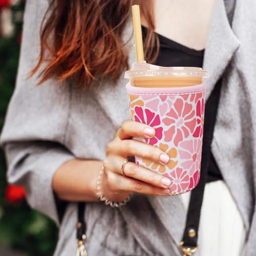 Image of Reusable Insulated Neoprene Iced Coffee Cup Sleeve, Durable Drink Sleeve for Cold Beverages, Beverage Holder for Iced Coffee (Blush Petals)