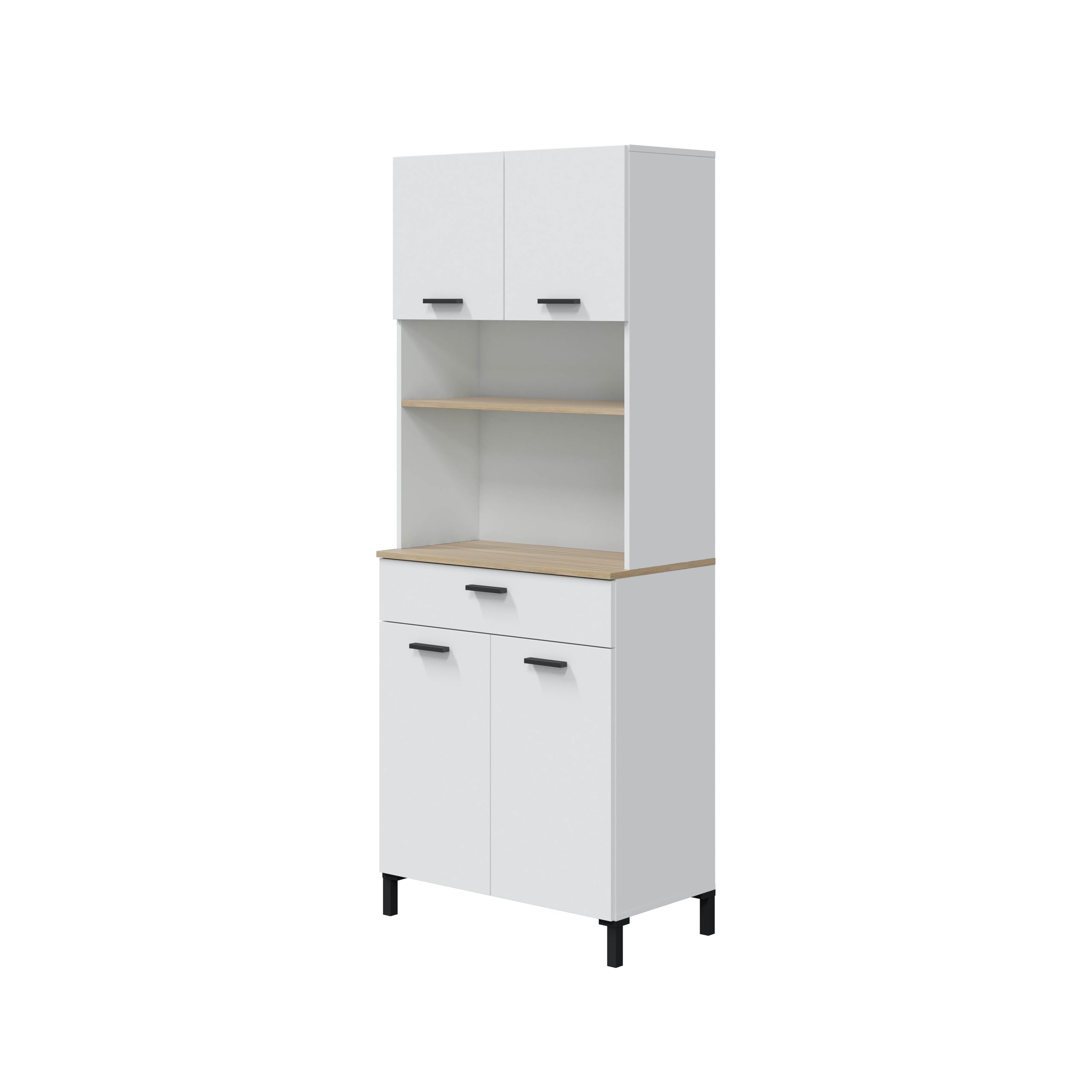 Habitdesign – Mueble de Cocina Alto con 4 Puertas y 1 Cajón, Armario Auxiliar para Cocina, Acabado Blanco Artik y Natur, 185x72x40 cm – Modelo Kira