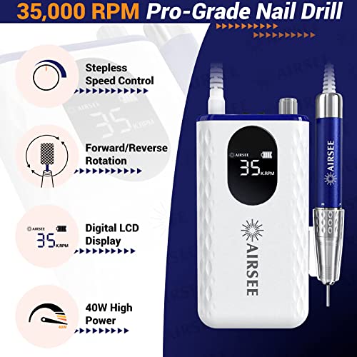 Airsee 35000 Rpm Professional Electric Rechargeable Nail Drill File Machine For Acrylic Extension Gel Dip Powder Powerful Cordless Portable Efile 56 Sanding Bands 7 Bits Lcd Scrn Salon Manicure Use #TOP2