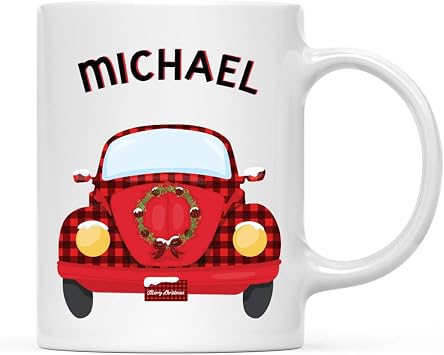 Andaz Press Personalized 11oz. Kids Hot Chocolate Mug, Red VW Bug Car with Wreath, 1-Pack, Custom Childs Birthday Christmas Coffee Cup