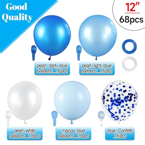 Image of 68Pcs Blue and White Balloons Kit 12 Inch, Blue Confetti Balloons Light Blue Baby Blue Pearl White Party Balloons with Ribbons for Birthday, Wedding, Baby Shower, Graduation Decorations