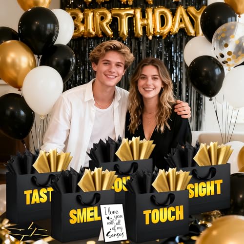 5 Senses Gift Bags for Him with Labels Tissue Paper, Five Senses Party Decoration Rose Petals Black Gold Balloons Greeting Card and Sign Holder Stand for Husband Boyfriend Birthday Party Decor by Kanmeii - Used condition - Image 7