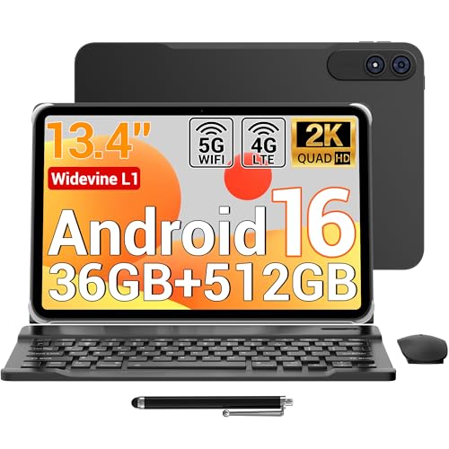 13.4 inch Aandroid 16 Tablet, 36GB RAM 512GB ROM/1TB TF, 120Hz 2.2GHz Octa Core, Dual SIM 4G LTE+5G WiFi, Widevine L1/13MP/GPS/11580mAh/Gemini AI, 2 in 1 Tablets with Keyboard/Mouse/Earphone/Cas...
