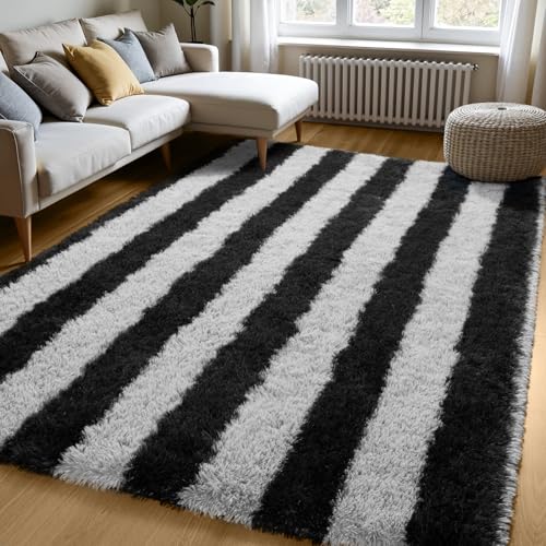 Zentavio Area Rugs for Living Room Large Rugs for Bedroom 6x9 Carpet Fluffy Fuzzy Soft Shag Aesthetic Plush High Pile Gray Throw Rug for Nursery Kids Room Dorm Horizontal Stripes Black Grey