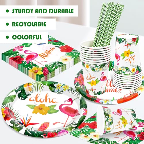 Flamingo Partygeschirr Set,Hawaii Geburtstag Deko Pappteller Kindergeburtstag mit Flamingo,Ananas Party Teller für Urlaub Sommer Deko Junge Mädchen Partys 16 Gäste
