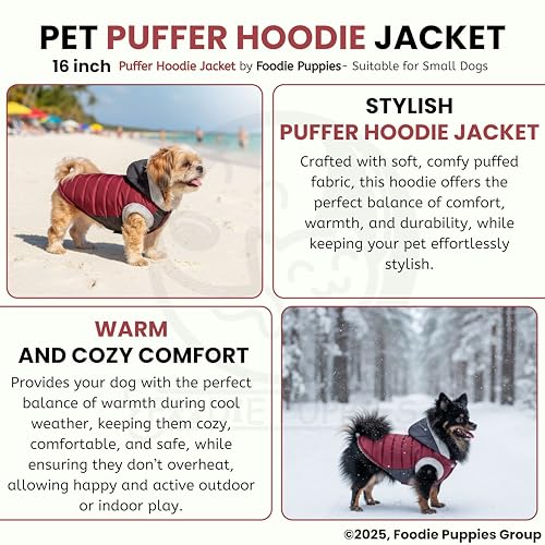 Image of Foodie Puppies Dog Puffer Hoodie Warm Winter Jacket - (Maroon Grey, 16 Inch) for Small Dogs | Ultra Warm Waterproof & Windproof Fur Coat | Washable Pet Vest Apparel for Cold Weather
