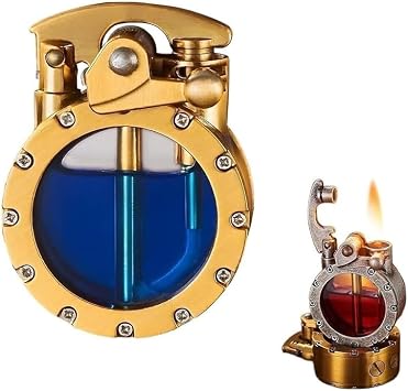 Vintage Trench Lighter, Retro Transparent Metal Rocker Kerosene Lighter,Unique Round Shape,Wheel Soft Flame Lighter, Classic Refillable Antique Lighter,Cool Lighters Gift for MenGold