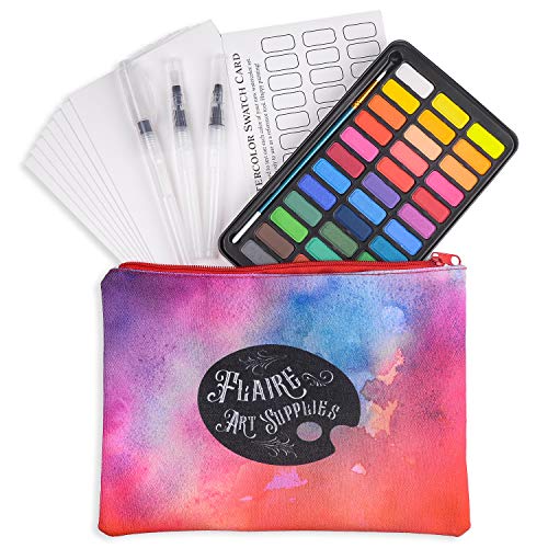 36 Watercolor Paint Set with Water Color Paper, 3 Water Brush, 1 Traditional Brush, Metal Tin with Mixing Palette, Standard and Neon Watercolors, Portable Watercolor Kit, Watercolor Gift Set