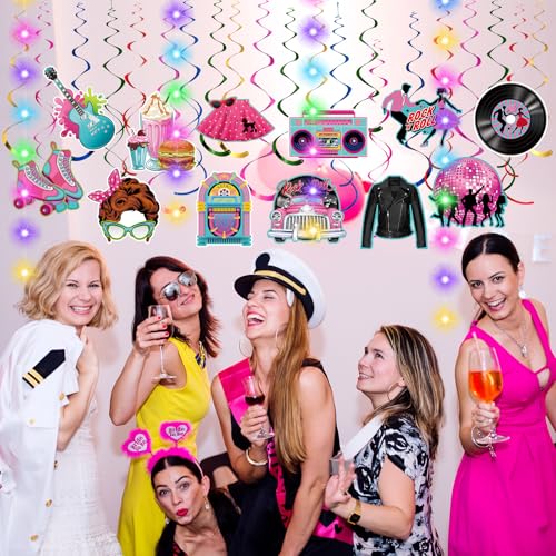 Image of Skyygemm 56 Pcs 50s 60s 80s Hanging Decorations with Lights Hippie Tie Dye Peace Love Groovy Retro Rock and Roll Cutouts Ceiling Streamers for Birthday Neon Back to 1950s 60s 80s Party Supplies(50s)