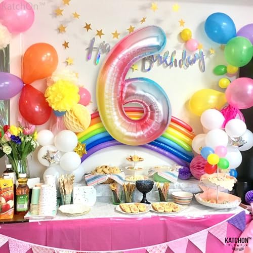 Image of Katchon, 40 Inch Rainbow Pastel Number 6 Balloon For Rainbow Birthday Decor